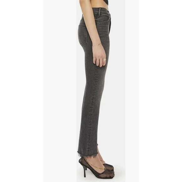 MOTHER The Hustler High Waist Fray Hem Ankle Bootcut Jeans Washed Black Size 31